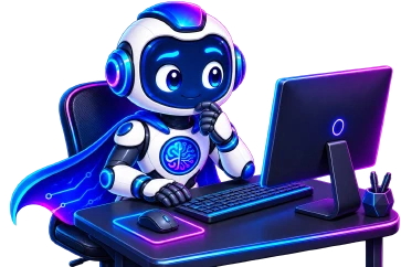 Engineer-maskotten: en venlig blå og hvid robot i en kappe med printbaner, der sidder ved et skrivebord med begge hænder på tastaturet foran en stor skærm