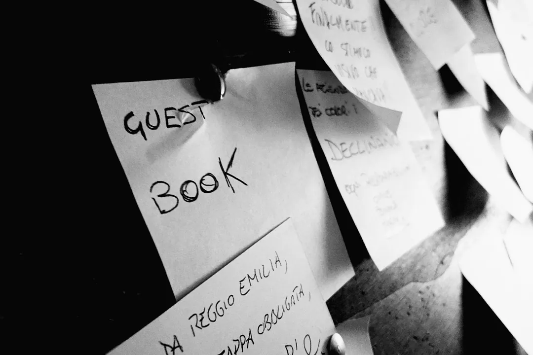 Sticky notes, guest book, bulletin board